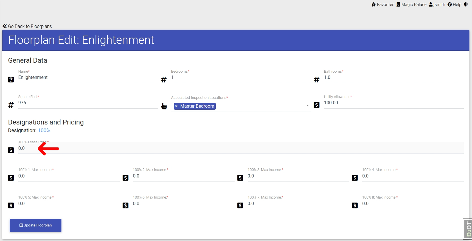 Floorplan edit form in property management software