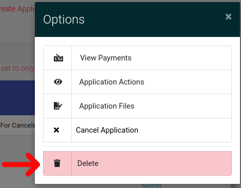 Selecting The Delete Option for Online Application