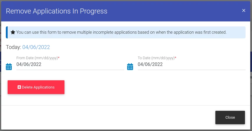 Remove Incomplete Applications FOrm