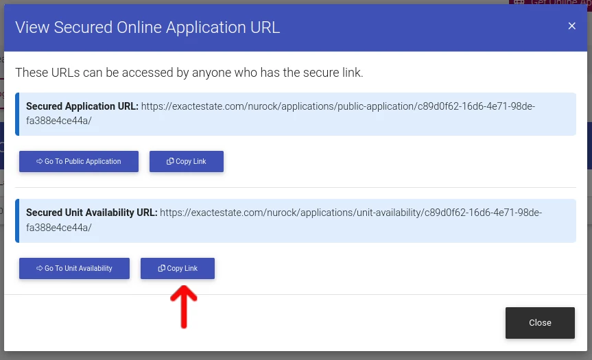 Pop-Up showing details for public application URLs