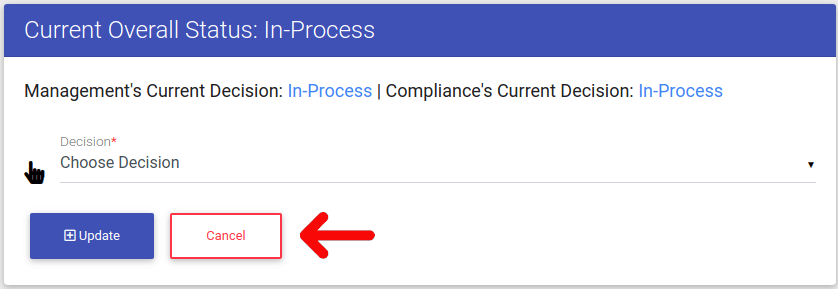 Selecting cancel for an online application