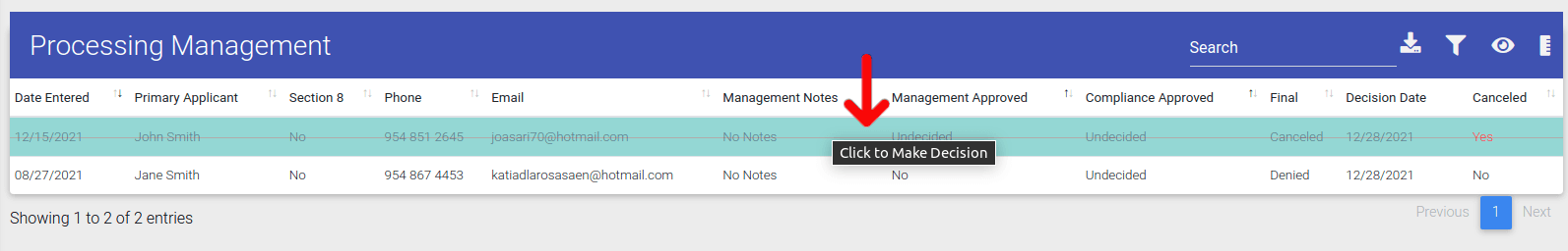 Selecting a canceled application in ExactEstate