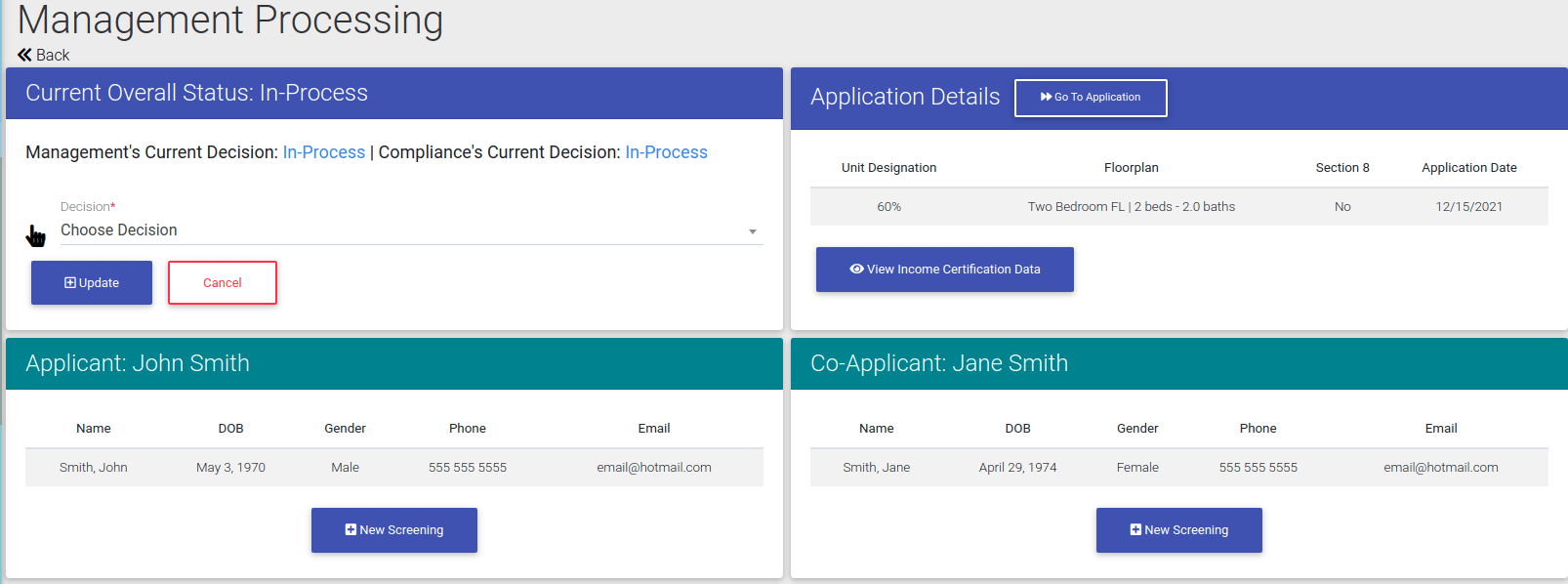 Management Processing main page