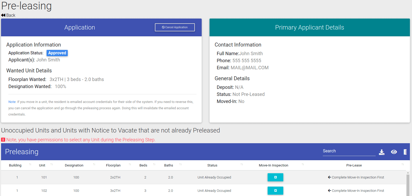 The main preleasing page for an application