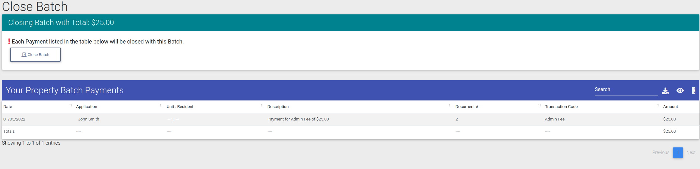 Closing Batch page in ExactEstate