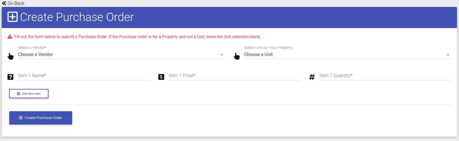 Purchase Order Form for Property Management Software