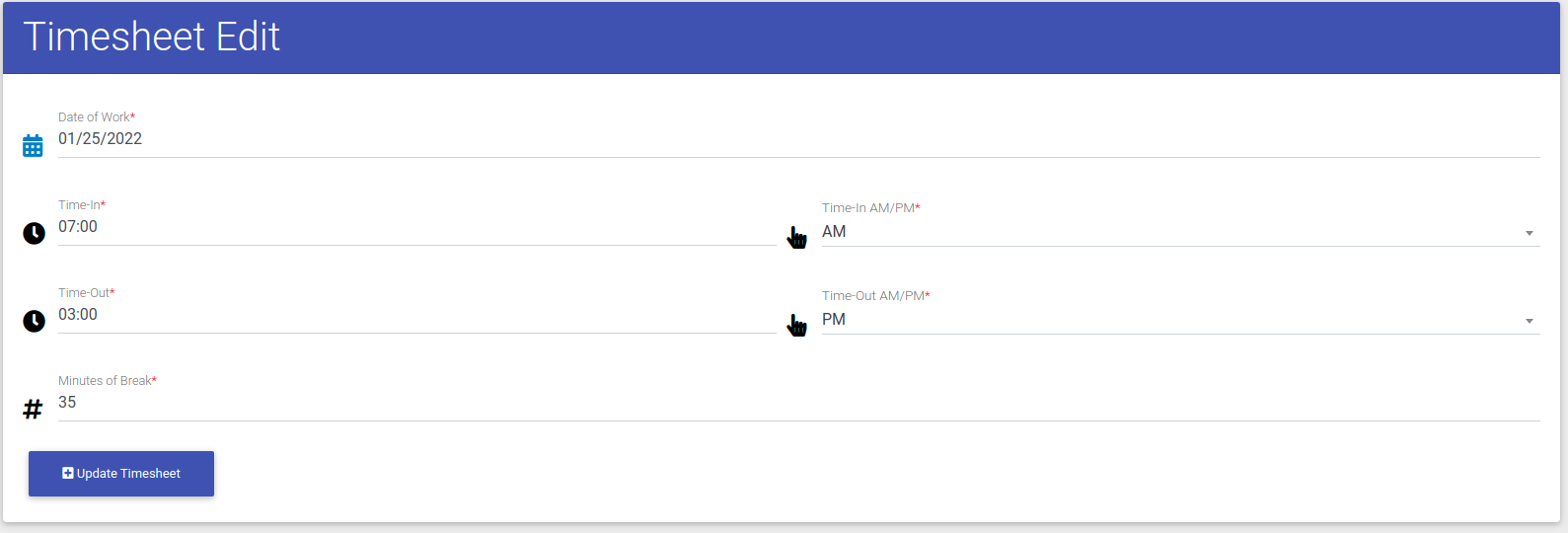 Edit Time Sheet Form for Property Management Software