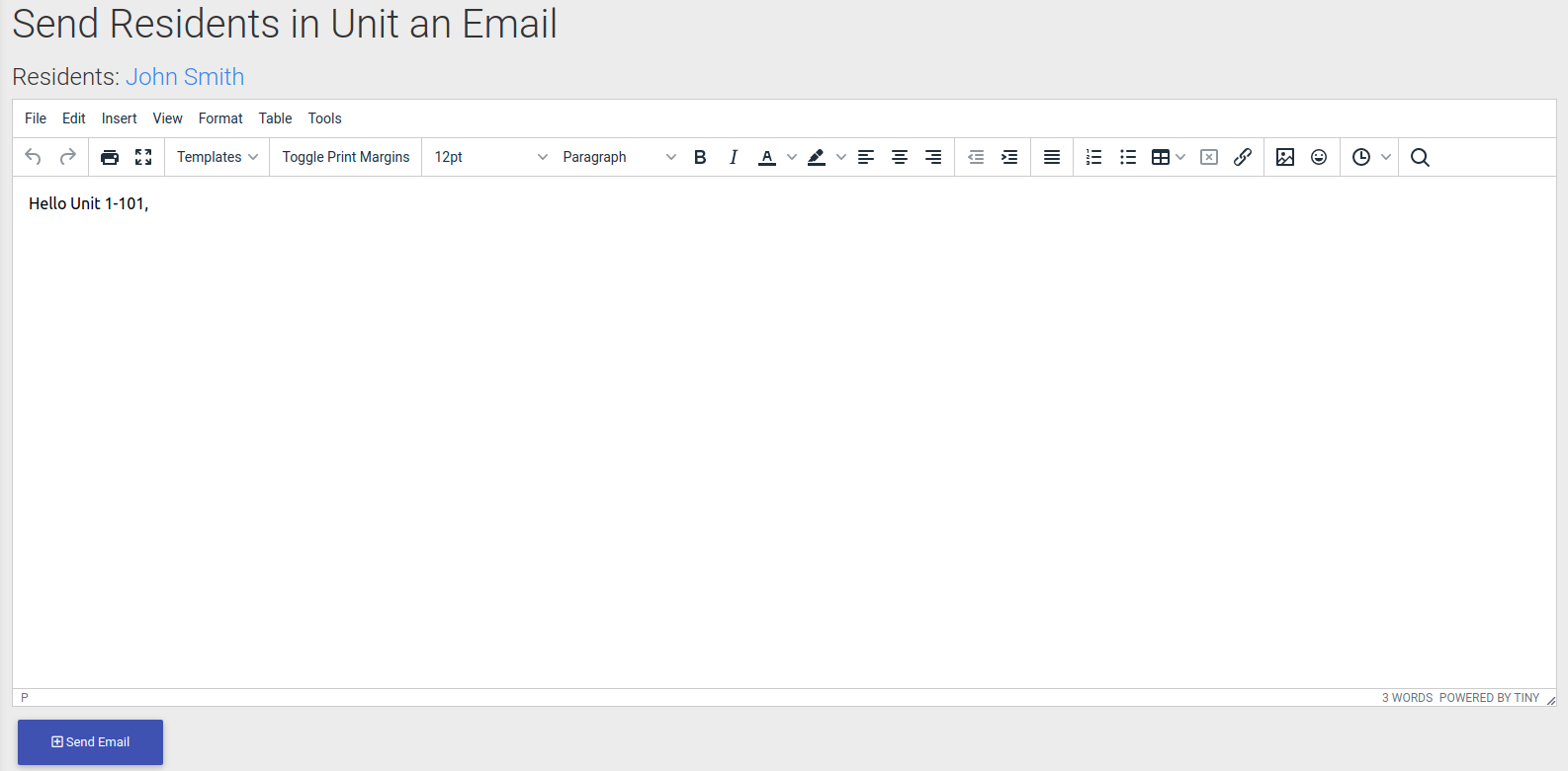 Emailing Resident Form for Property Management Software